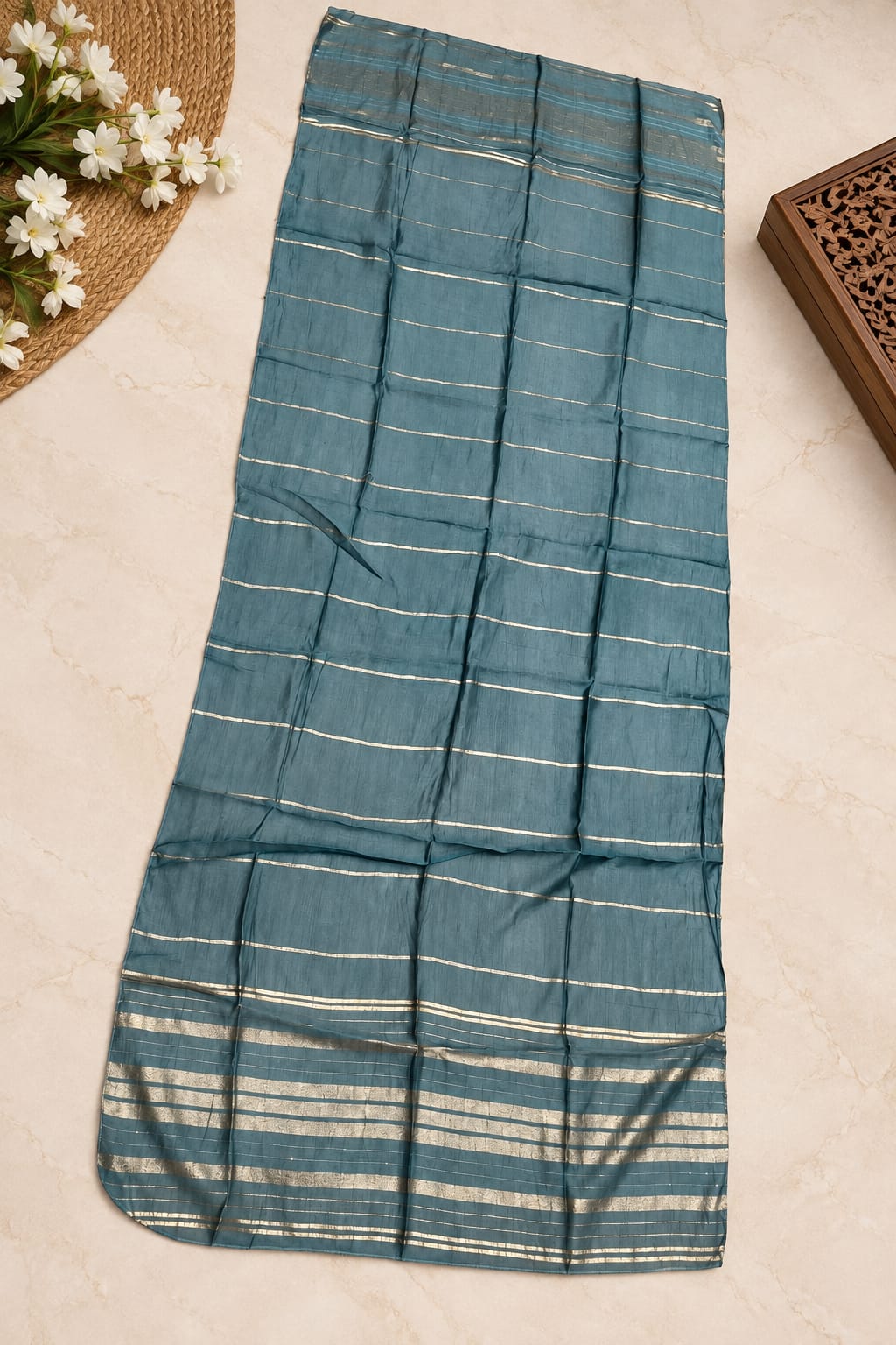 Teal Blue Embroidered Cotton Kurta Set with Pants & Dupatta in Berlin