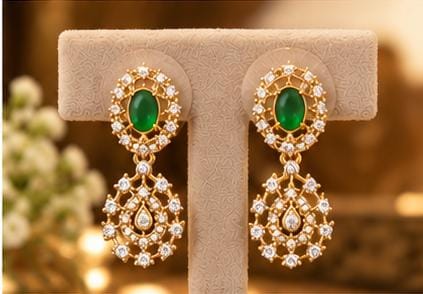 Traditional Gold-Plated Emerald and American Diamond Floral Necklace and Earrings in Germany