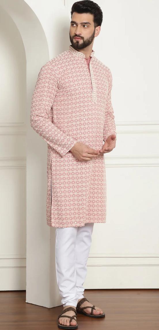 Men's Cotton Gold Embroidered Sequinned Peach Kurta With white churidar Pyjama in Germany