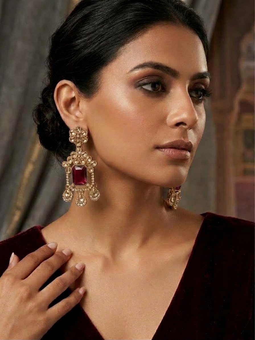 Traditional Indian Polki and Maroon Gemstone Drop Earrings in Germany