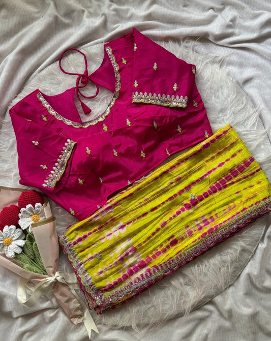 Soft chinnon shibori Tie & Die saree with stitched blouse embroidery and fabric detail - Neha Couture Indian Fashion
