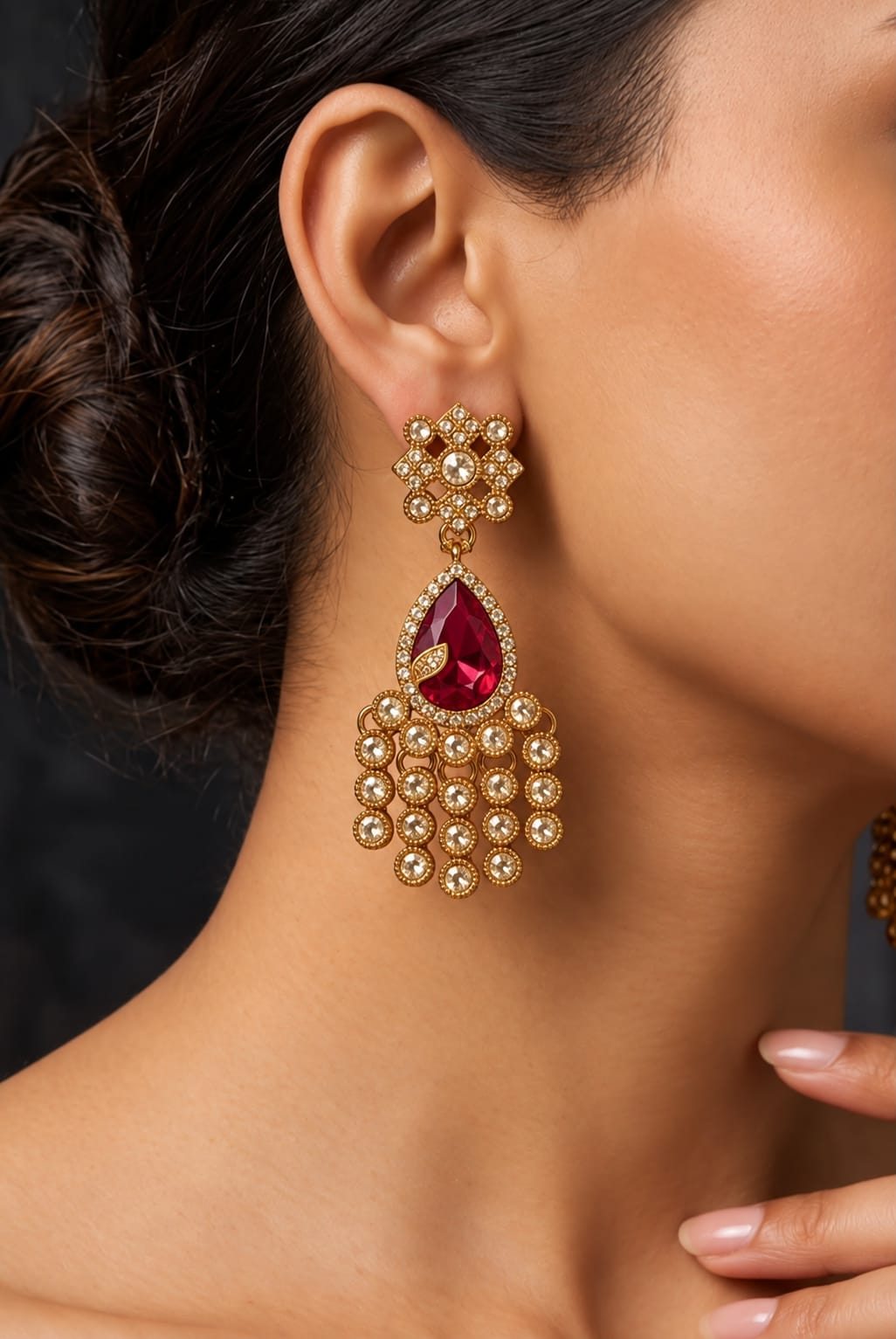 Gold-Plated Ruby Deep Pink Kundan Statement Earrings in Berlin
