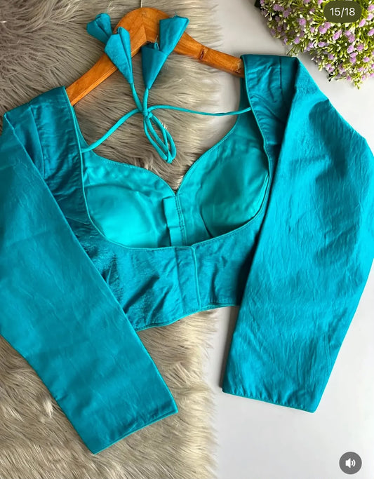 Sabyasachi-Inspired turquoise blue Designer Full-Sleeve Space Silk Blouse embroidery and fabric detail - Neha Couture Indian Fashion