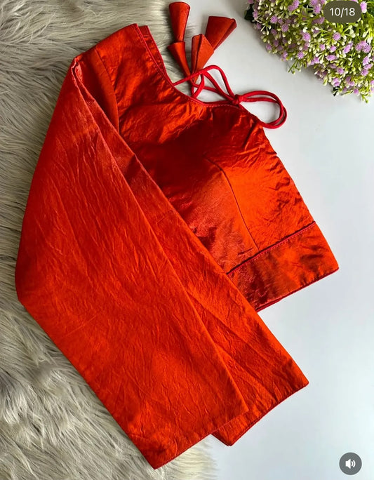 Sabyasachi-Inspired Orange rust Designer Full-Sleeve Space Silk Blouse embroidery and fabric detail - Neha Couture Indian Fashion