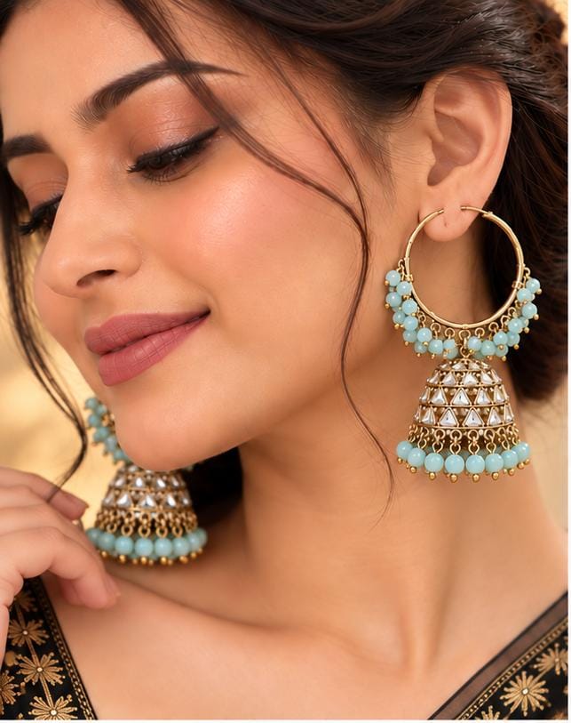 Traditional Hoop Jhumka Earrings with Sky Blue Beads in Germany