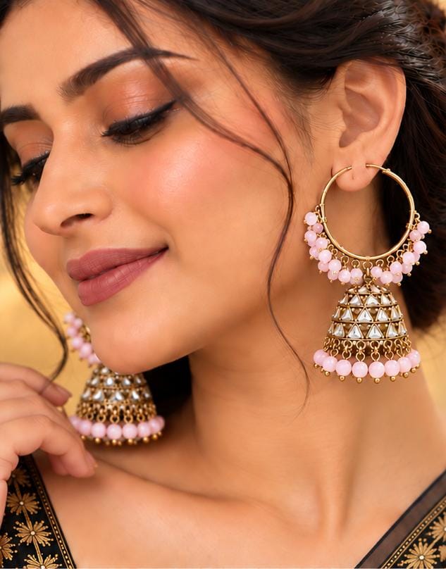 Traditional Hoop Jhumka Earrings with Light Pink Beads in Germany