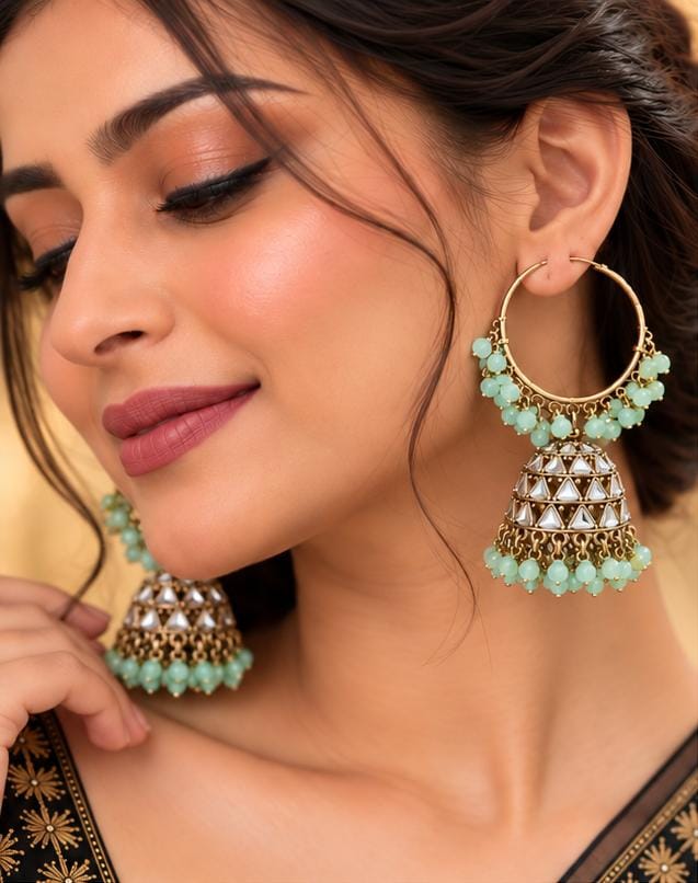 Traditional Hoop Jhumka Earrings with Mint Green Beads in Germany