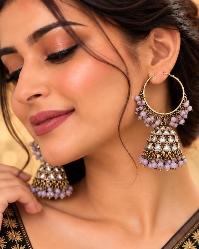 Traditional Hoop Jhumka Earrings with Lavender Beads in Germany