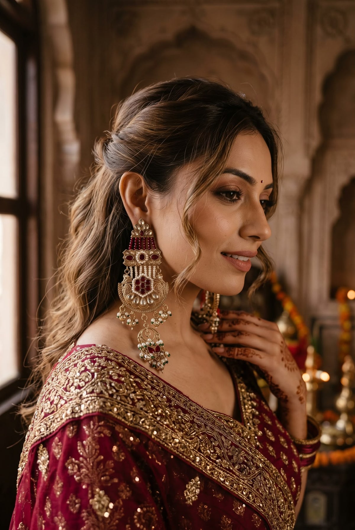 Bridal Look with Heavy Kundan Maroon Chandbali Earrings