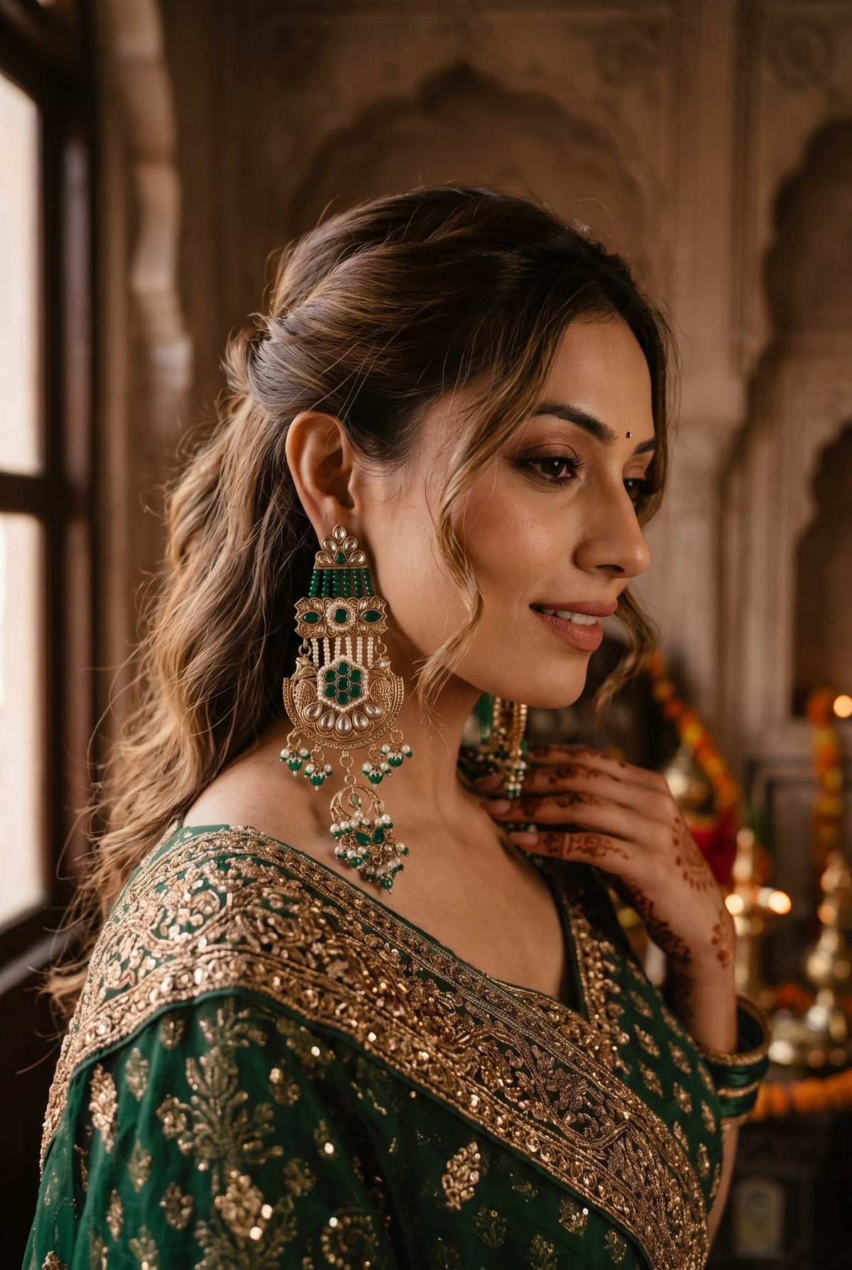 Bridal Look with Heavy Kundan Dark Green Chandbali Earrings in Berlin