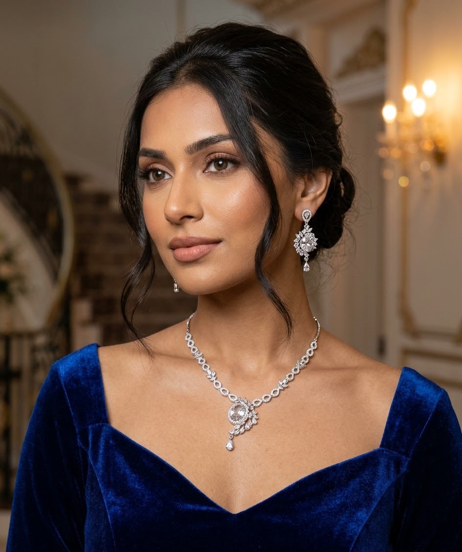 Elegant Silver-Plated American Diamond Necklace Set with Drop Earrings in Germany