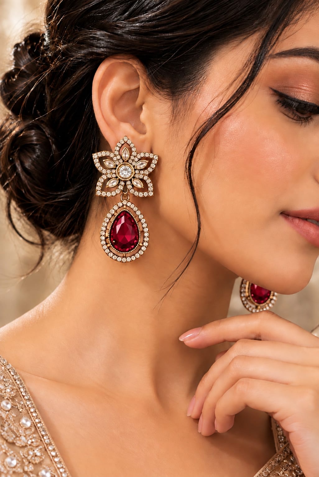 Bridal Ruby Kundan Deep Red Dangler Earrings in Berlin