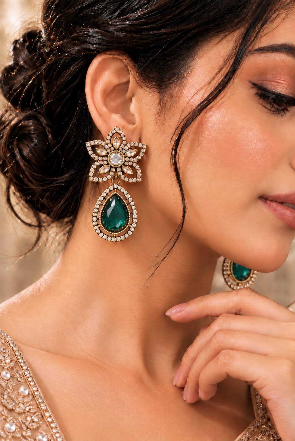 Bridal Ruby Kundan Dark Green Dangler Earrings in Berlin