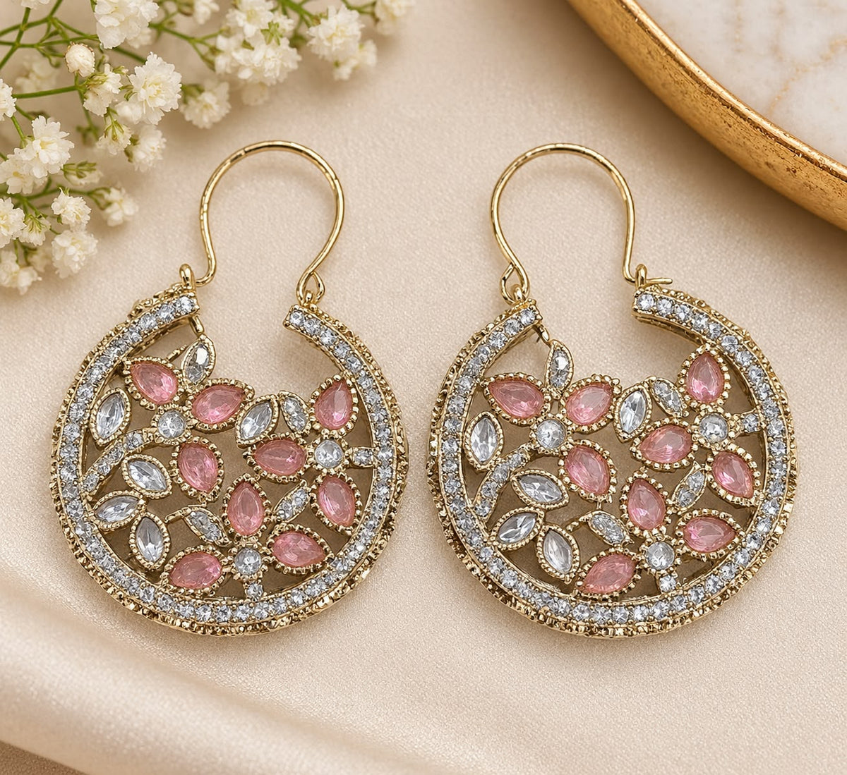Gold-Plated Pink Floral Crystal Hoop Earrings in Germany