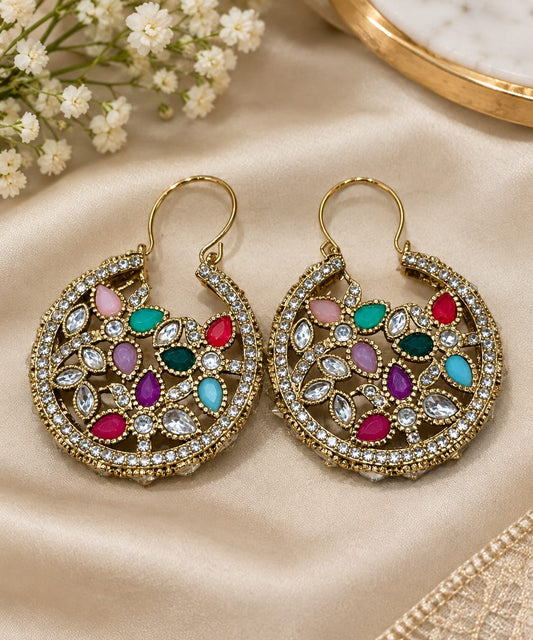 Gold-Plated Multi color Floral Crystal Hoop Earrings - Neha Couture Indian Fashion