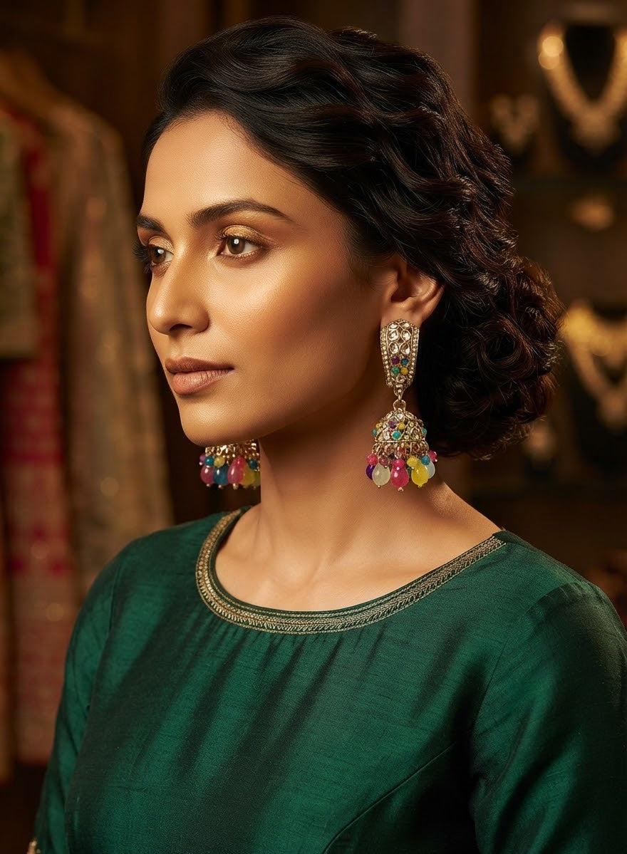Traditional Kundan & Multicolor Bead Jhumka Earrings in Berlin