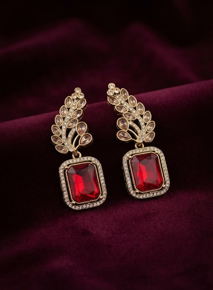 Antique Gold-Plated Emerald-Cut Ruby Red Drop Earrings in Berlin