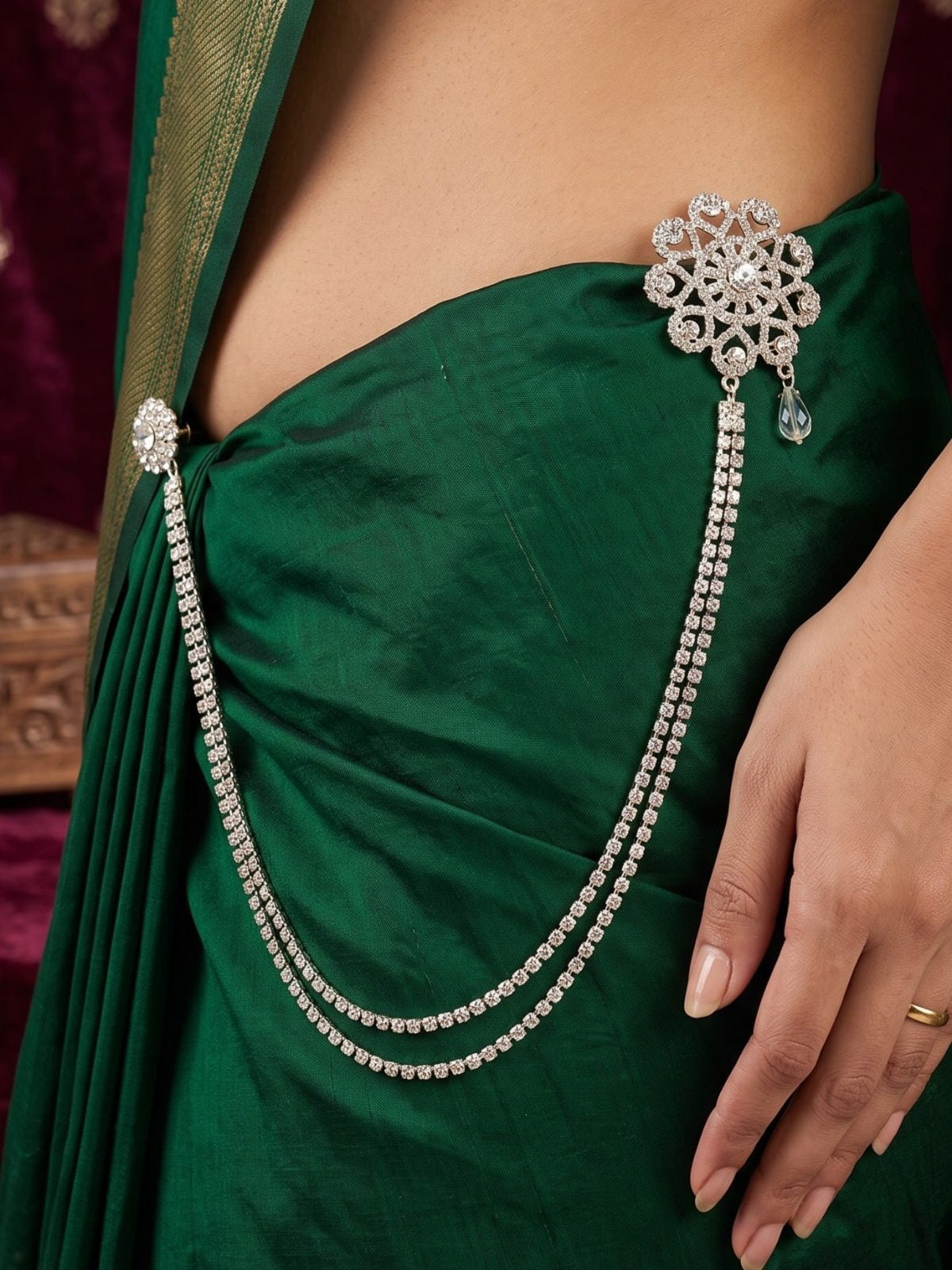 Silver Crystal Floral Saree Waist Brooch Pin with Multi-Layered Rhinestone Chain in Germany