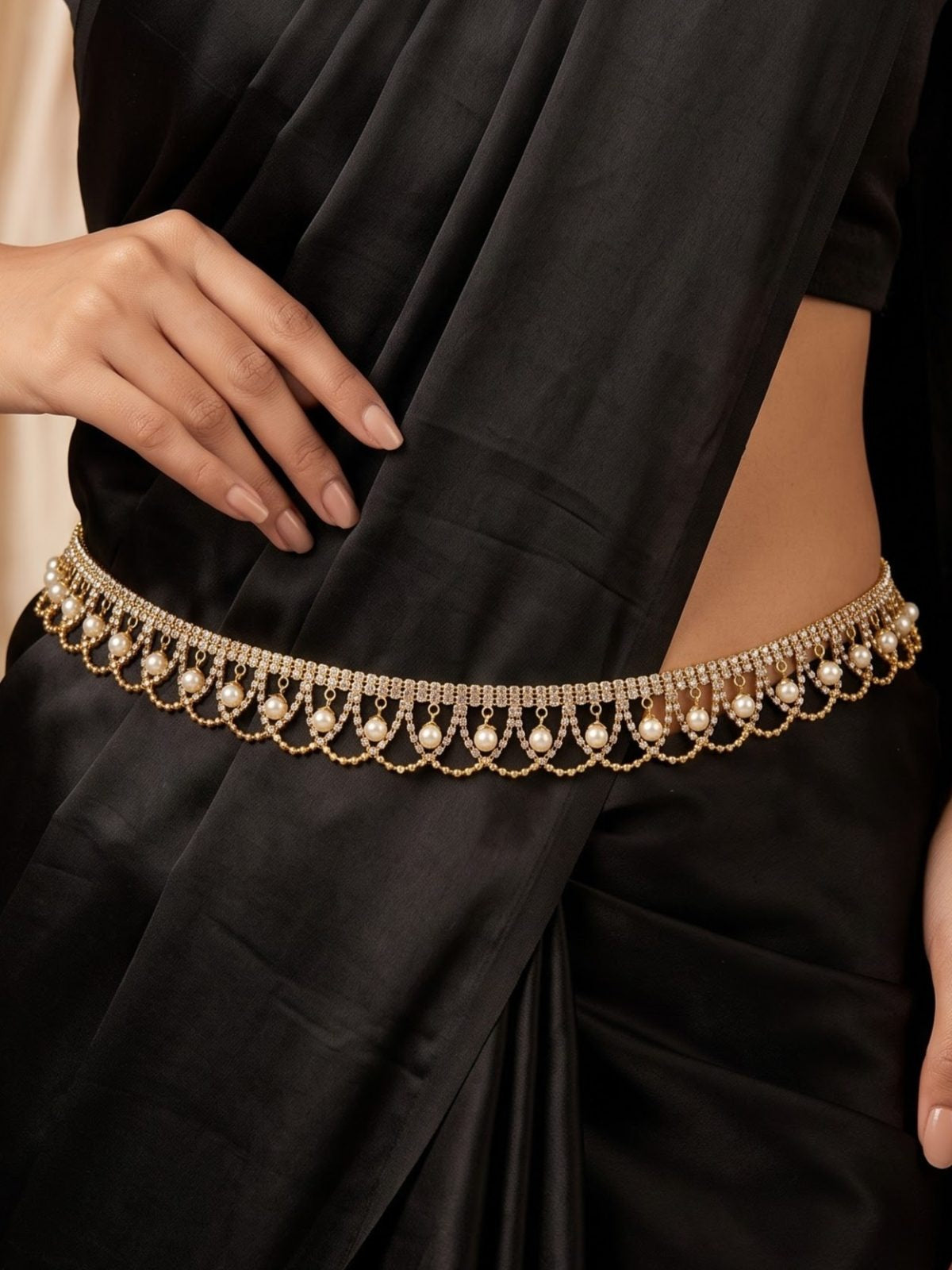 Silver Crystal Floral Saree Waist Brooch Pin with Multi-Layered Rhinestone Chain in Germany