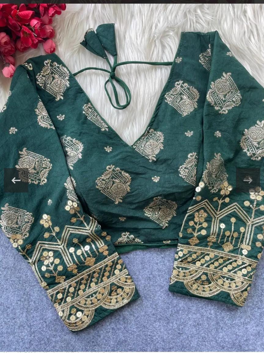 Deep bottle Green Silk-Blend Saree Blouse with Heavy Gold Zari Floral Embroidery & Back Tie-Up in Germany