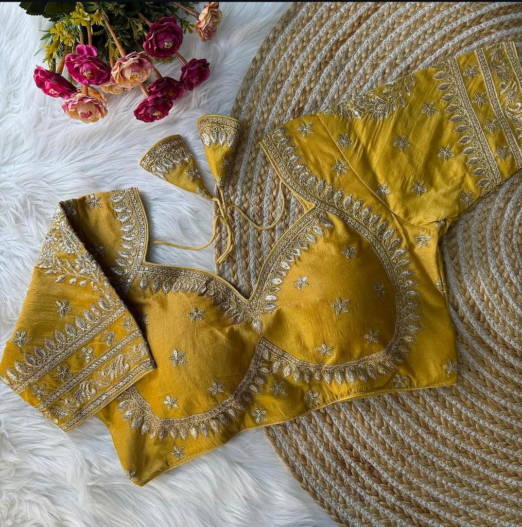 Mustard yellow soft silk gold zari embroidery Blouse in Germany
