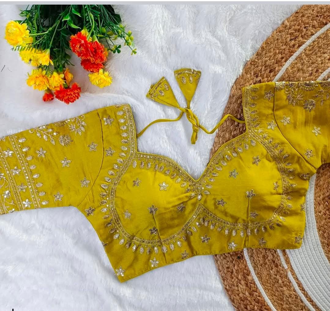 Yellow soft silk gold zari embroidery Blouse in Germany
