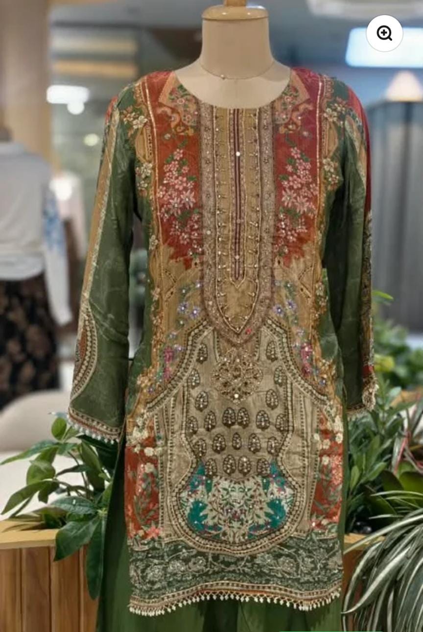 Forest Green Chevron Digital Prints Tassel Accent Crepe Full Suit Set With Farshi Salwar & Dupatta in Germany