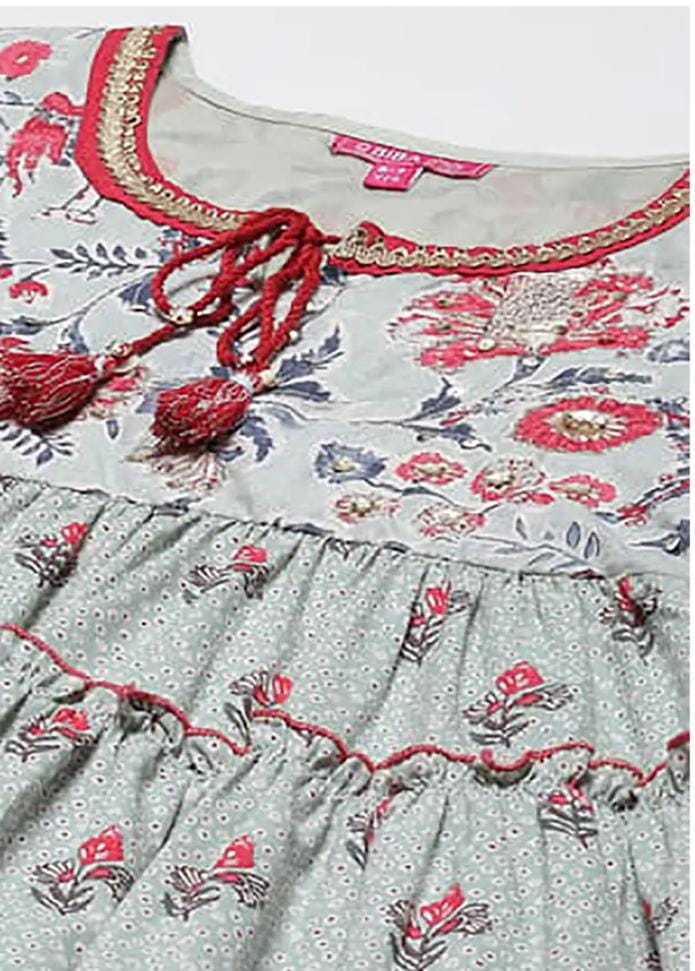 Grey & Red Floral Print Kurta, Plazzos with Dupatta in Germany