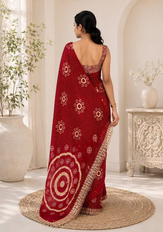 Red Gajji Silk Bandhej Saree with Mirror Lace - Neha Couture Indian Fashion