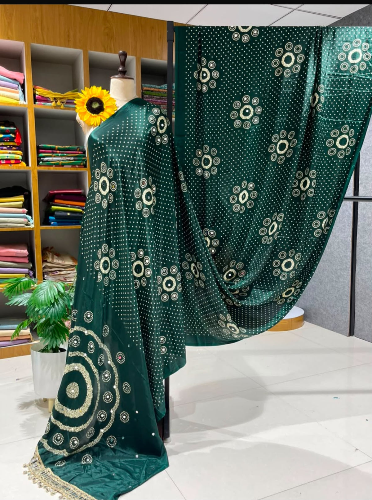 Dark Green Gajji Silk Bandhej Saree with Mirror Lace - Neha Couture Berlin