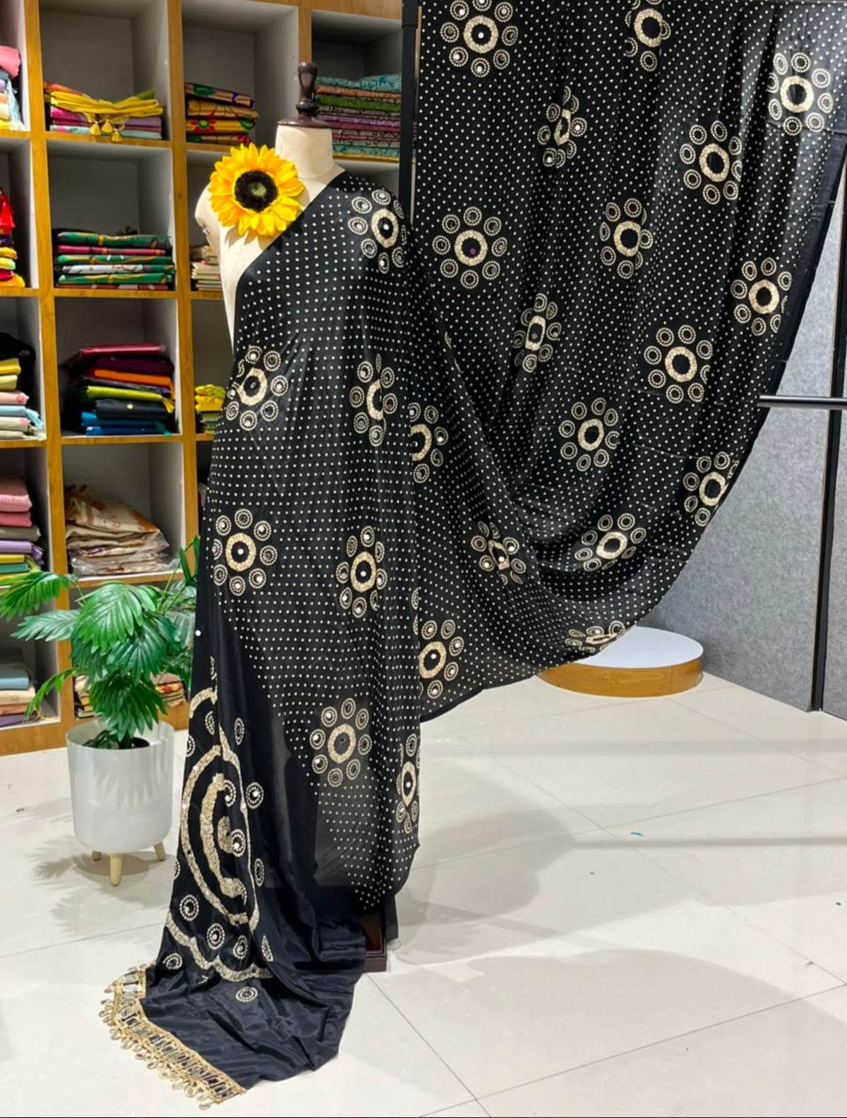 Black Gajji Silk Bandhej Saree with Mirror Lace - Neha Couture Berlin