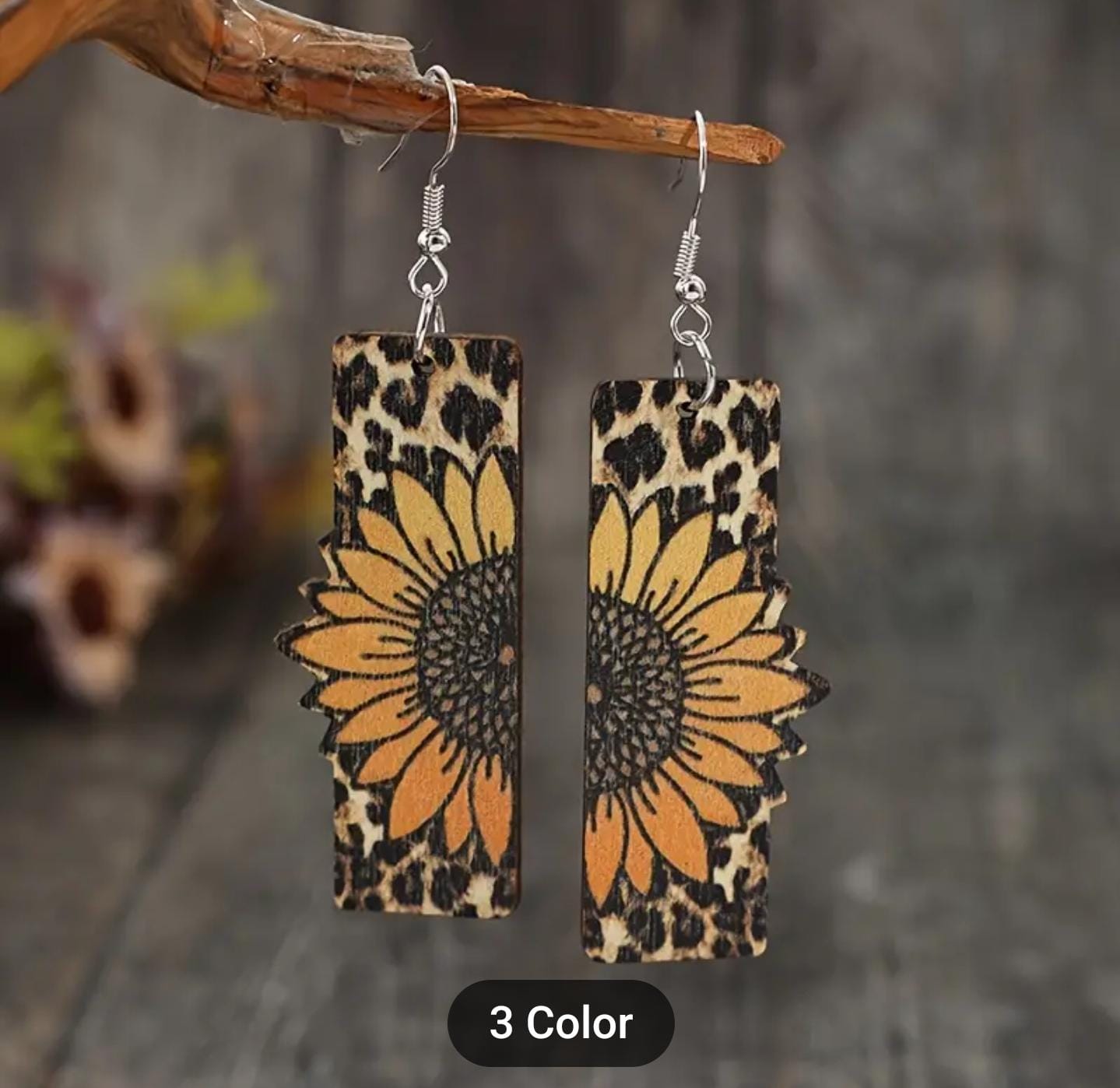 Leopard Sunflower Dangle Hand Painted Boho Wood Earrings in Germany