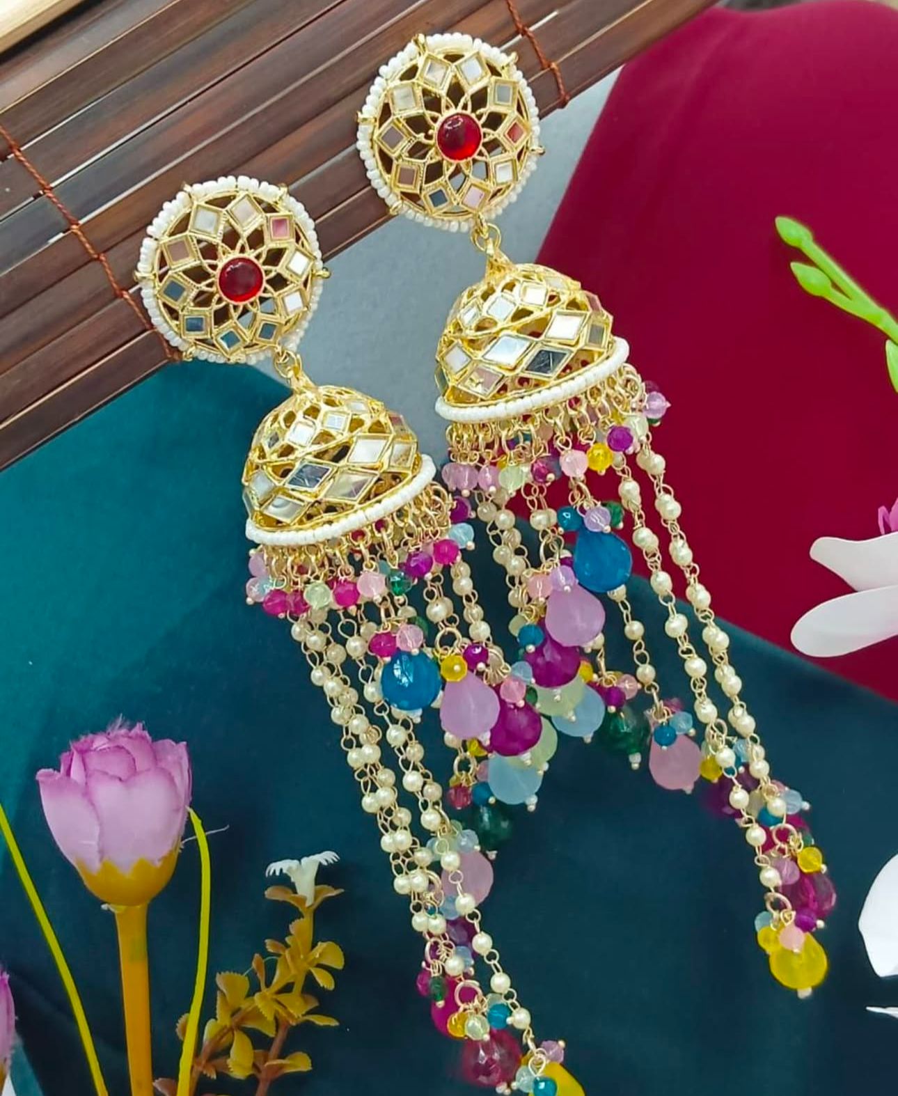 Premium Unique Mirror And Beads Jhumki Earrings in Germany