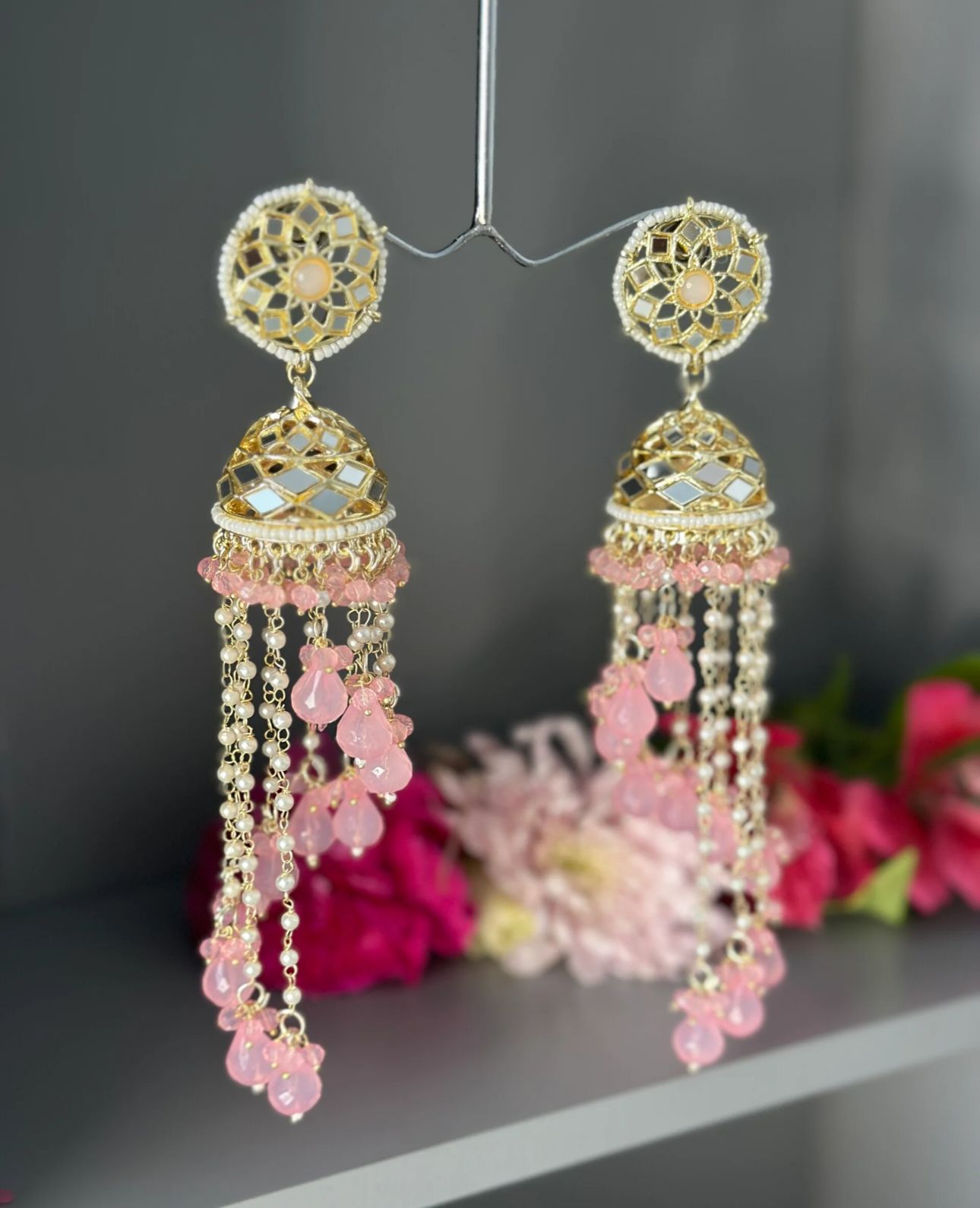 Premium Unique Mirror And Beads Jhumki Earrings in Germany