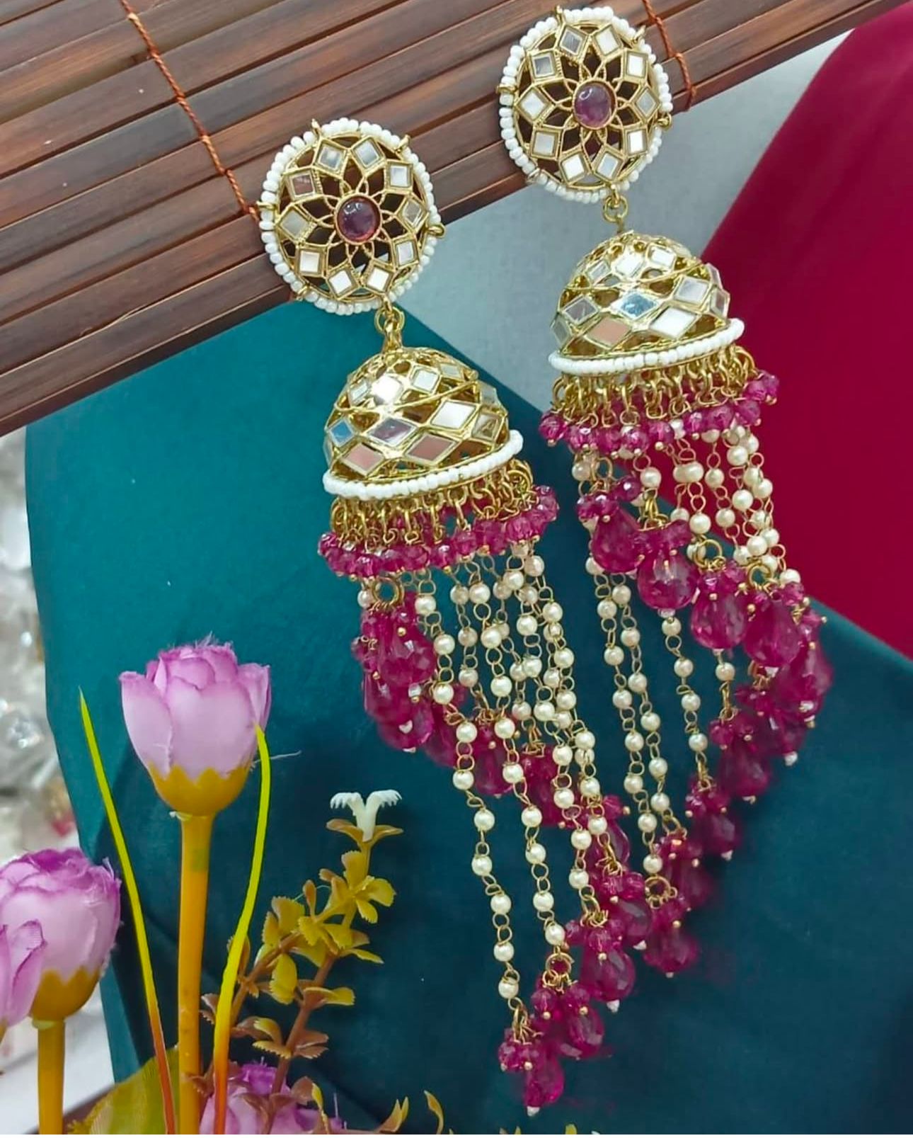 Premium Unique Mirror And Beads Jhumki Earrings in Germany