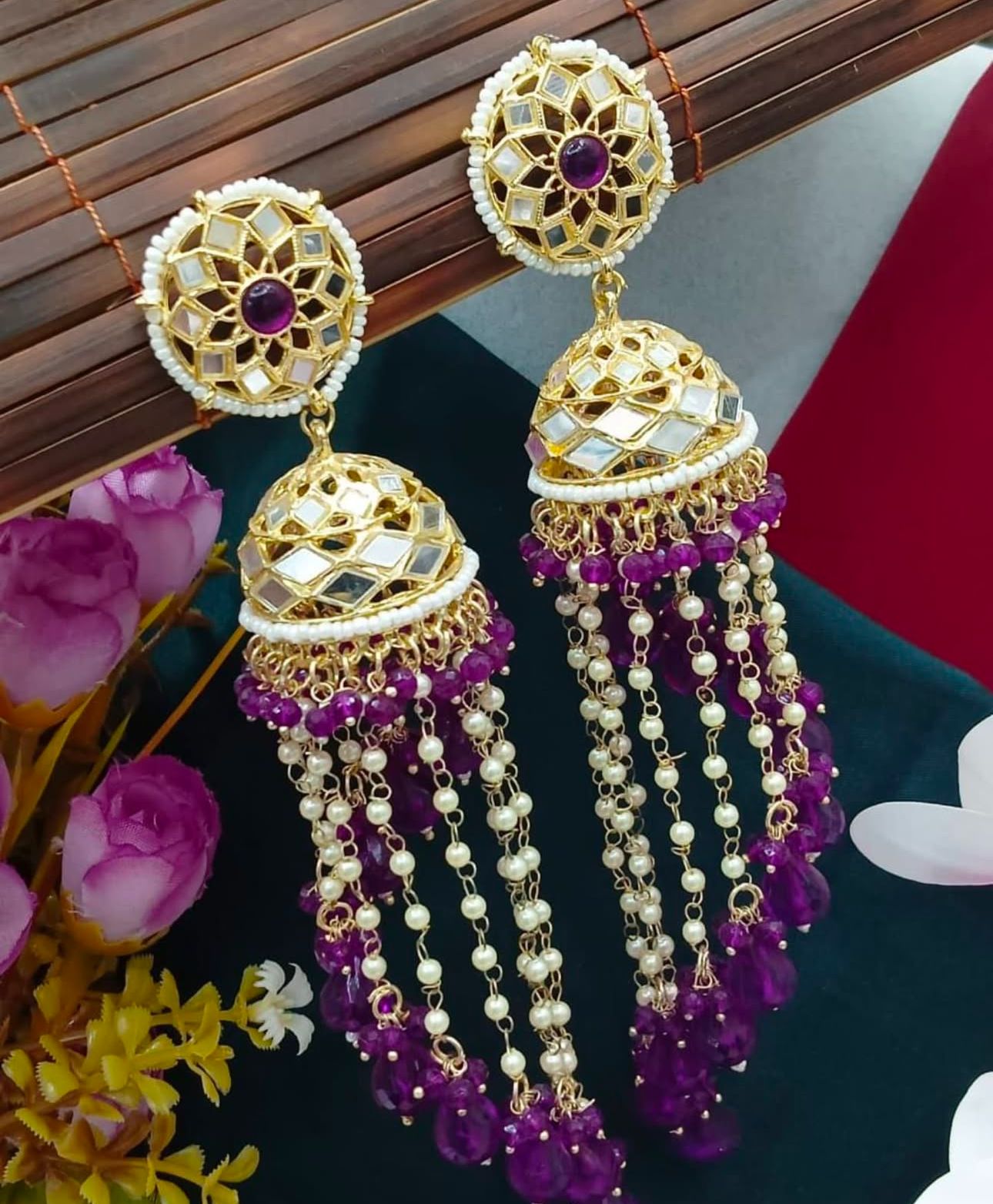 Premium Unique Mirror And Beads Jhumki Earrings in Germany