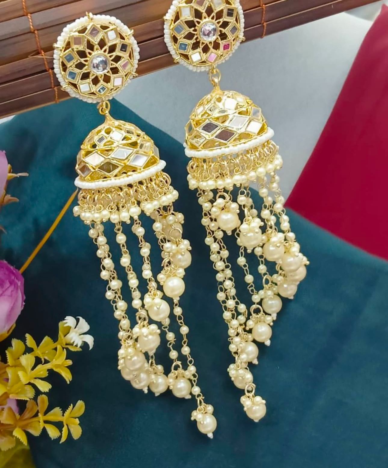 Premium Unique Mirror And Beads Jhumki Earrings in Germany