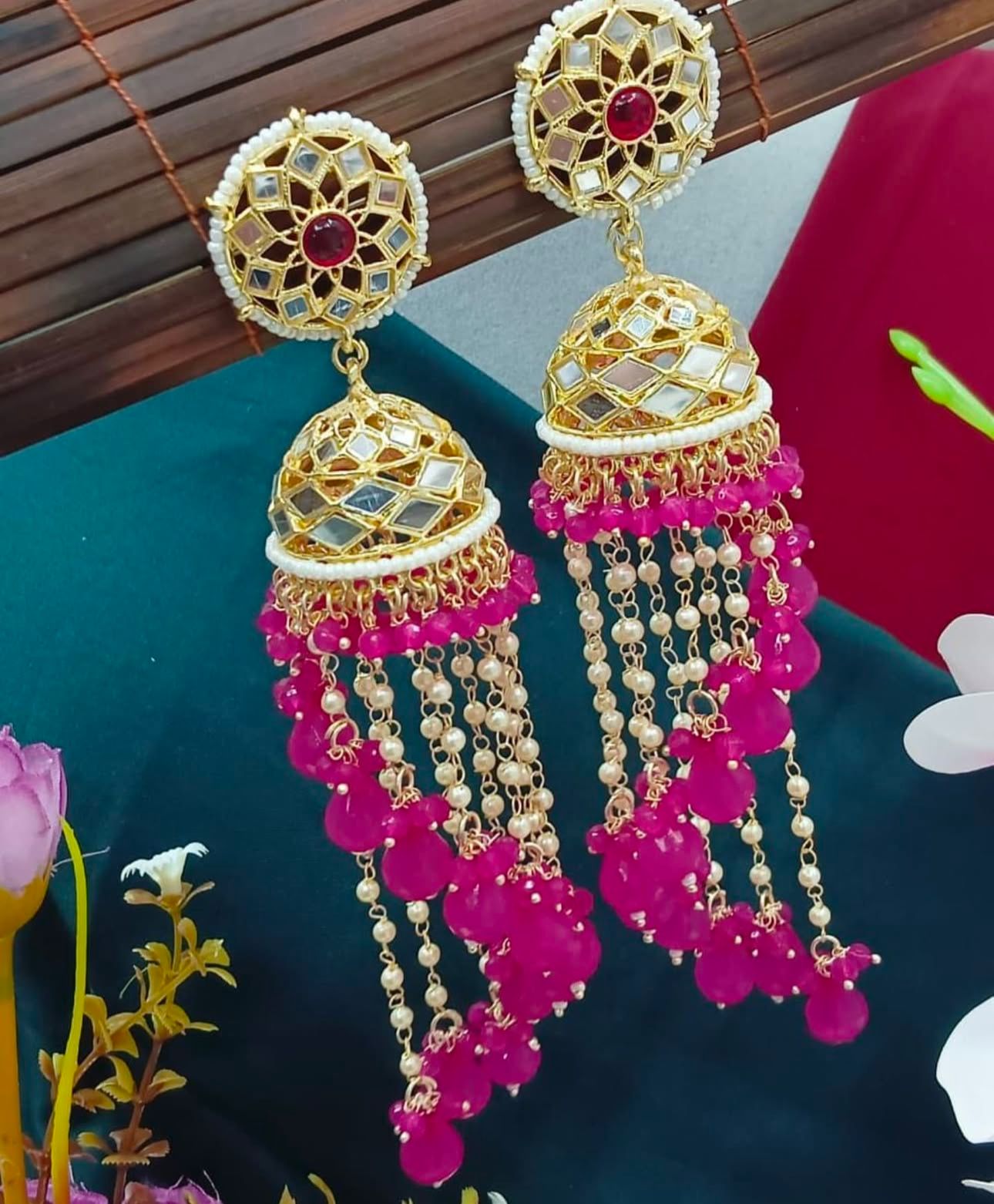 Premium Unique Mirror And Beads Jhumki Earrings in Germany