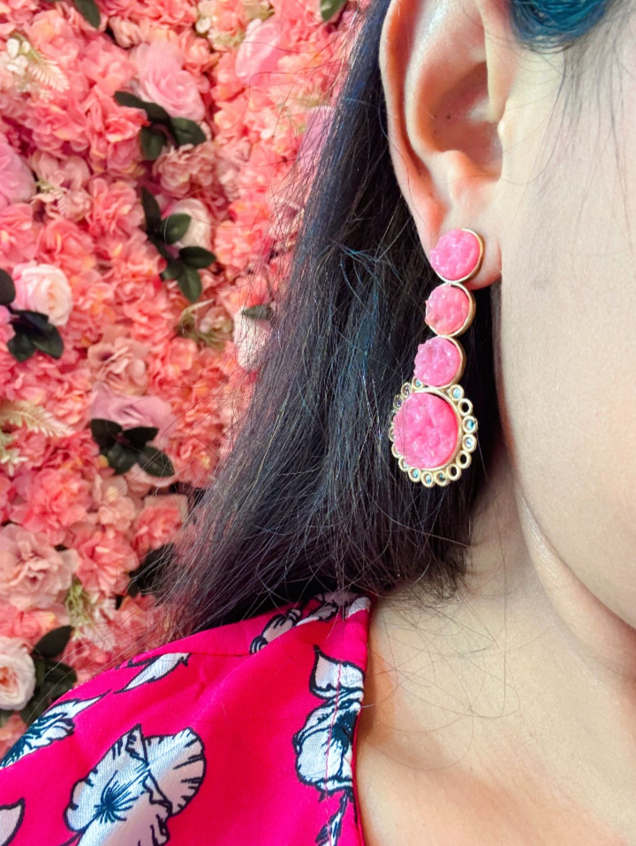 Contemporary Brass Handmade Elegant Pink Druzy Stone Dangle Earrings in Berlin