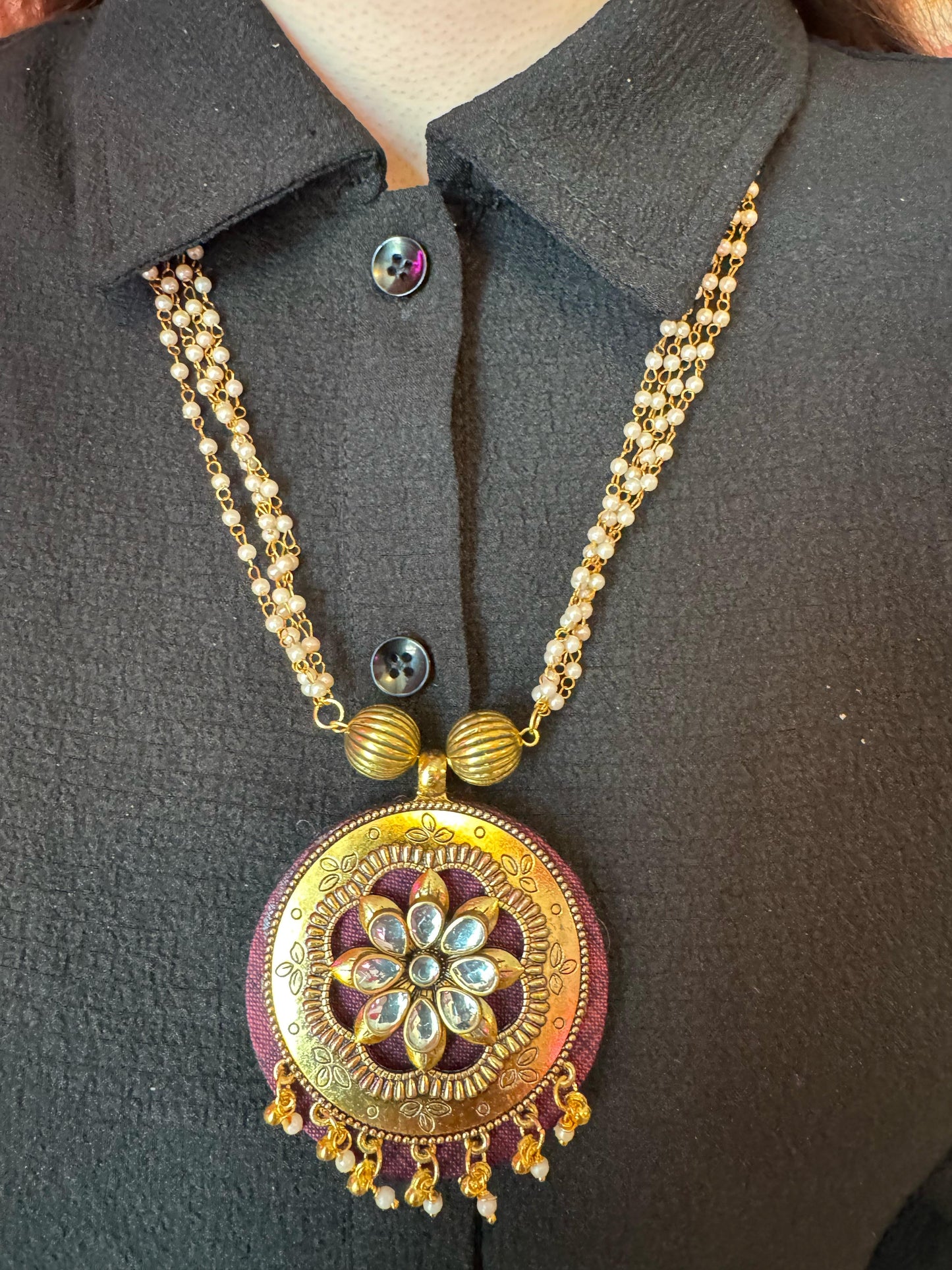 Floral Design Handmade Fabric Stone Work Round Pendant with Pearl Chain in Berlin