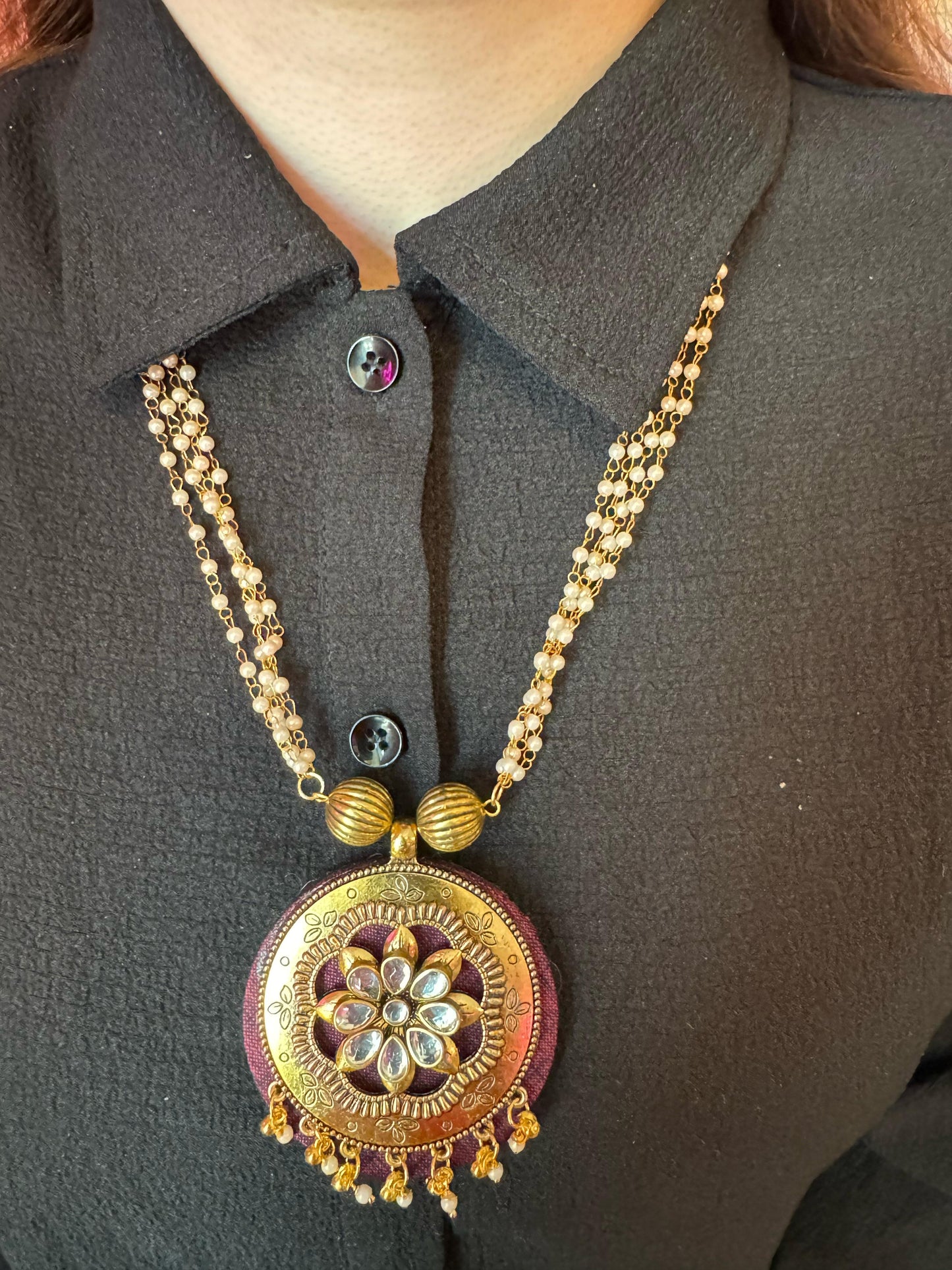 Floral Design Handmade Fabric Stone Work Round Pendant with Pearl Chain in Berlin