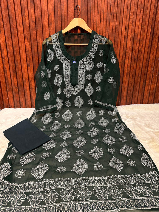 Women's Georgette Chikankari Kurti embroidery and fabric detail - Neha Couture Indian Fashion