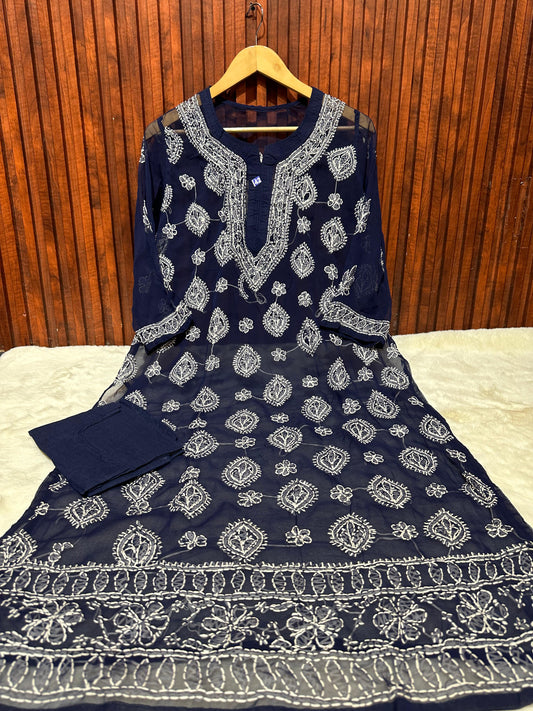 Chikankari Embroidery Straight Kurta embroidery and fabric detail - Neha Couture Indian Fashion