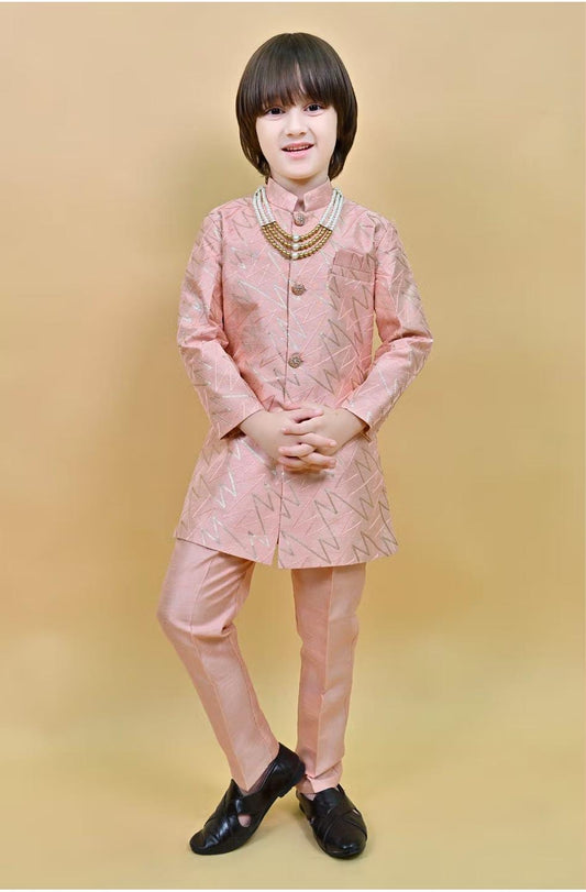 Kids Jacquard Sequined Sherwani and Pant with Mala embroidery and fabric detail - Neha Couture Indian Fashion