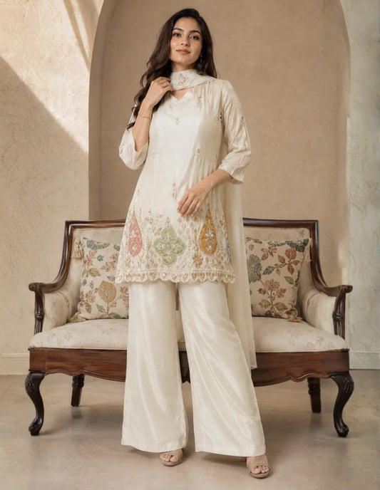 Creme Silk Embroidered Kurta Set with Straight Pants embroidery and fabric detail - Neha Couture Indian Fashion