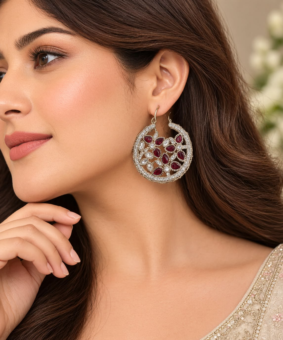 Gold-Plated Maroon Floral Crystal Hoop Earrings in Germany