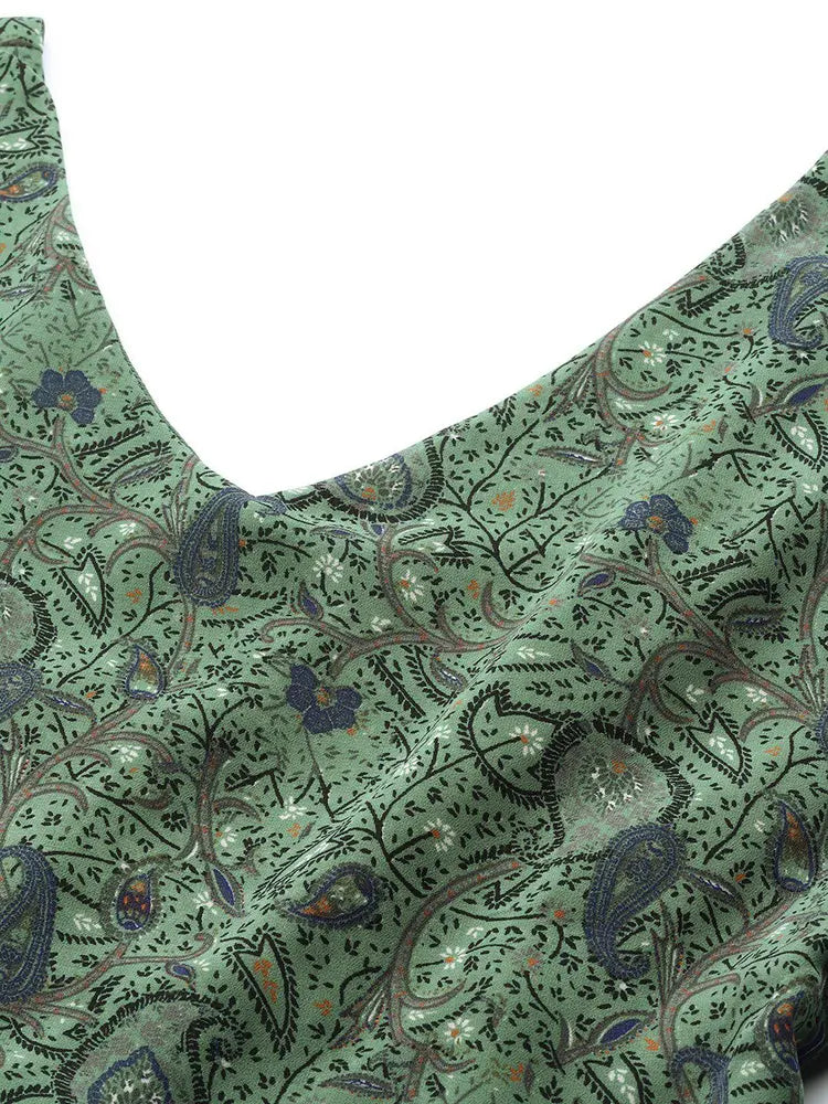 Green Floral Printed V- Neck Maxi Dress in Berlin