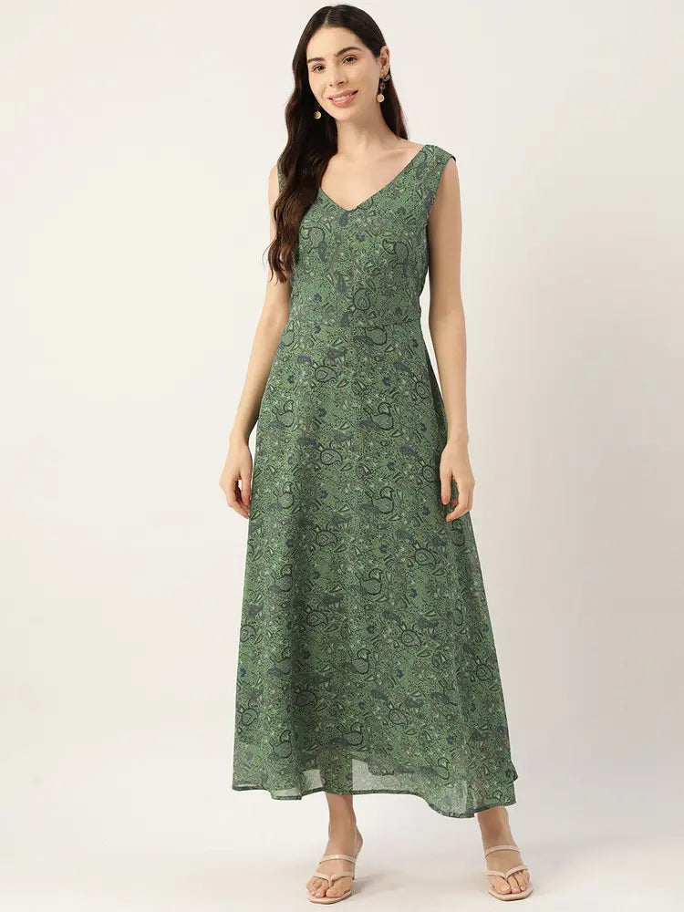 Green Floral Printed V- Neck Maxi Dress in Berlin