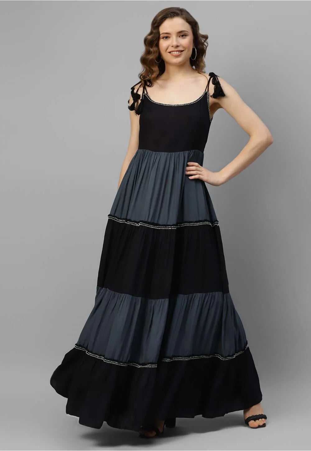 Lace Embellished Rayon Tiered Dress in Munich