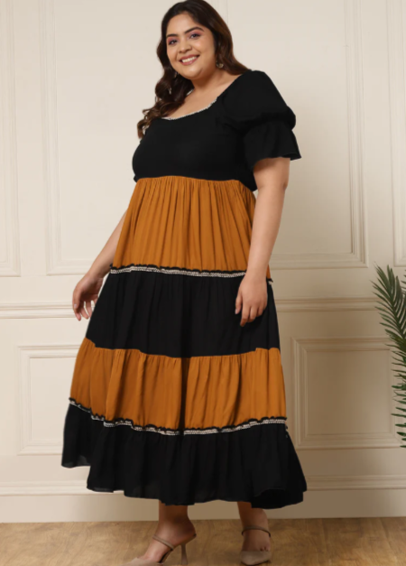 WOMEN'S PLUS SIZE BLACK & MUSTARD COLOR BLOCK DRESS IN BERLIN